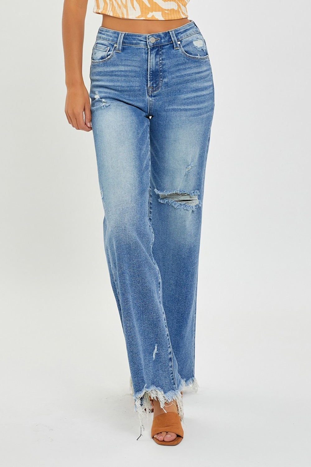 RISEN - High Waist Frayed Hem Wide Leg Jeans - Inspired Eye Boutique