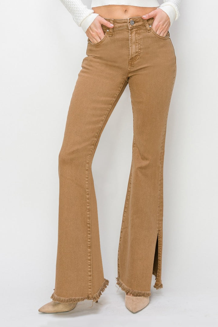 RISEN - High Waist Side Slit Flare Jeans - Cocoa - Inspired Eye Boutique