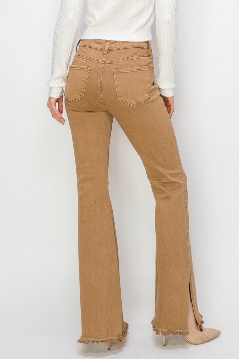 RISEN - High Waist Side Slit Flare Jeans - Cocoa - Inspired Eye Boutique