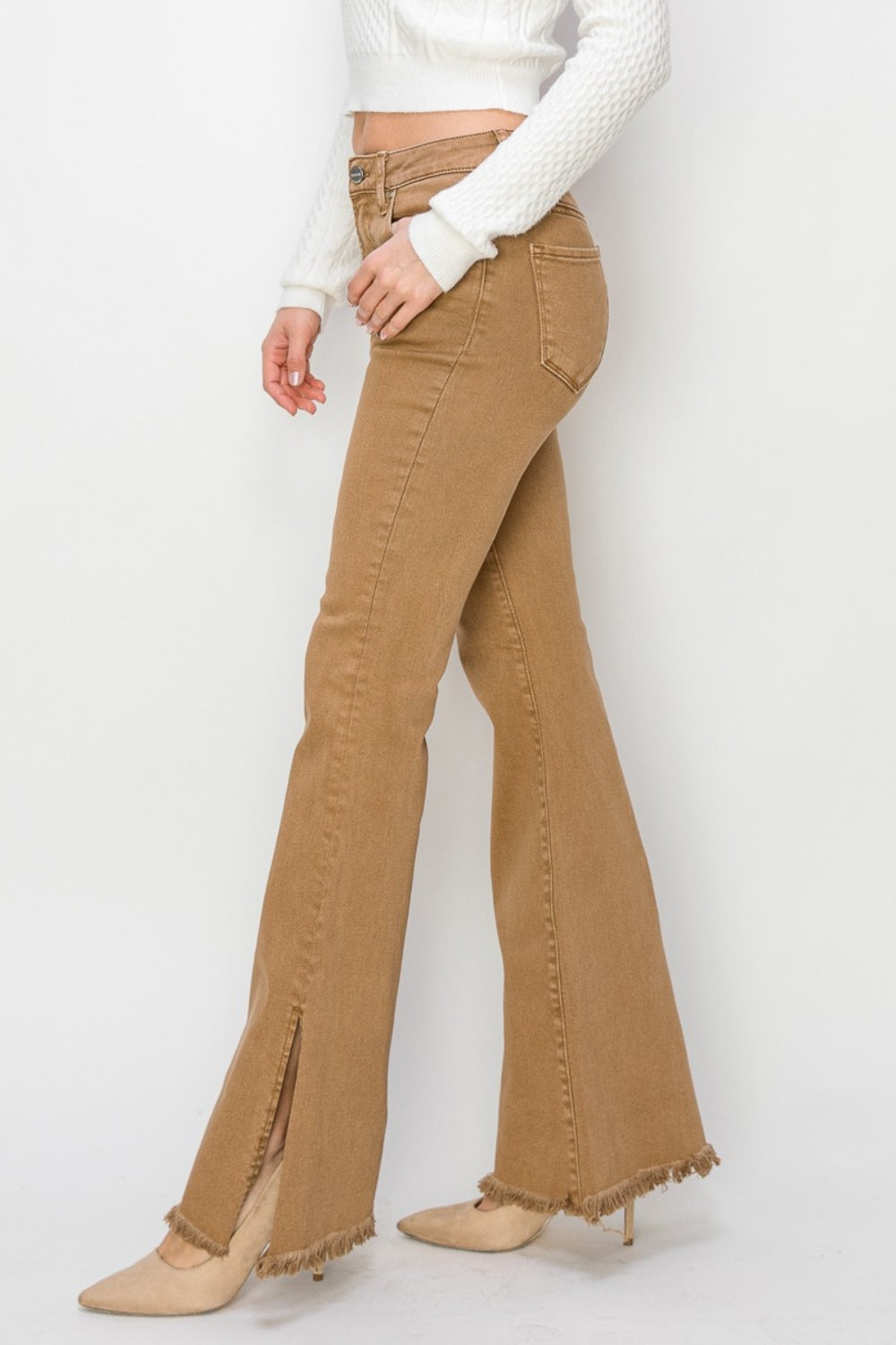 RISEN - High Waist Side Slit Flare Jeans - Cocoa - Inspired Eye Boutique