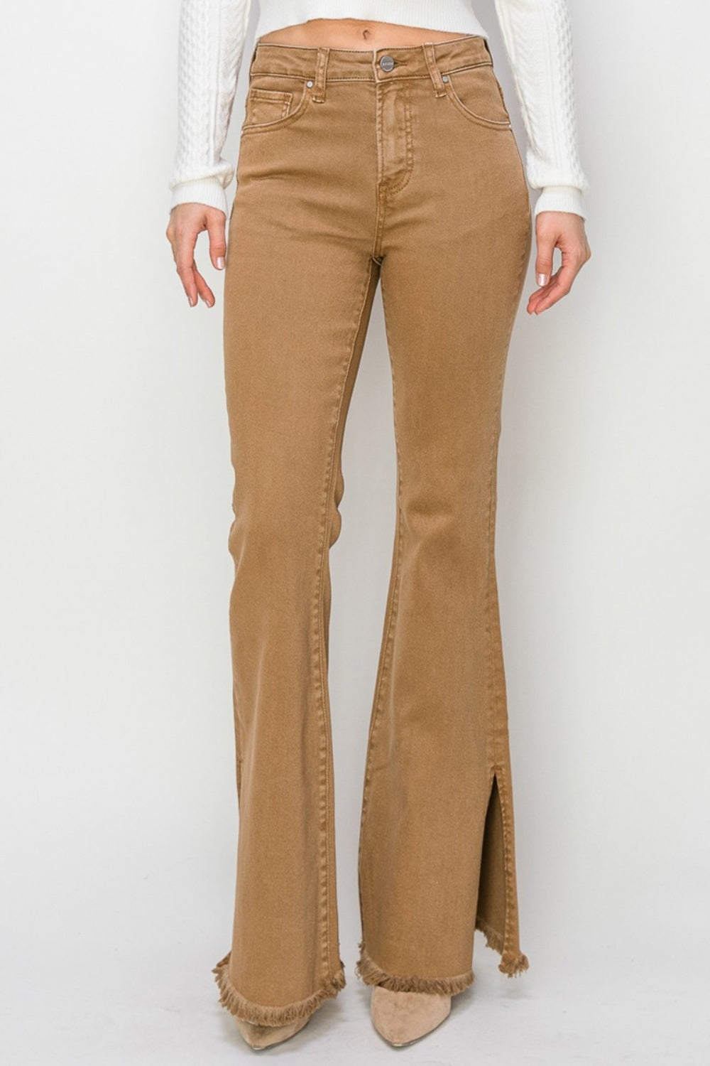 RISEN - High Waist Side Slit Flare Jeans - Cocoa - Inspired Eye Boutique