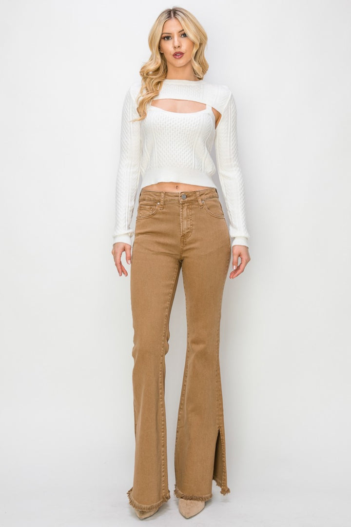 RISEN - High Waist Side Slit Flare Jeans - Cocoa - Inspired Eye Boutique