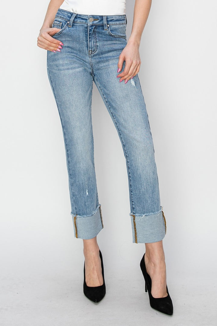 RISEN - High Waist Slim Straight Leg Cuffed Jeans - Inspired Eye Boutique