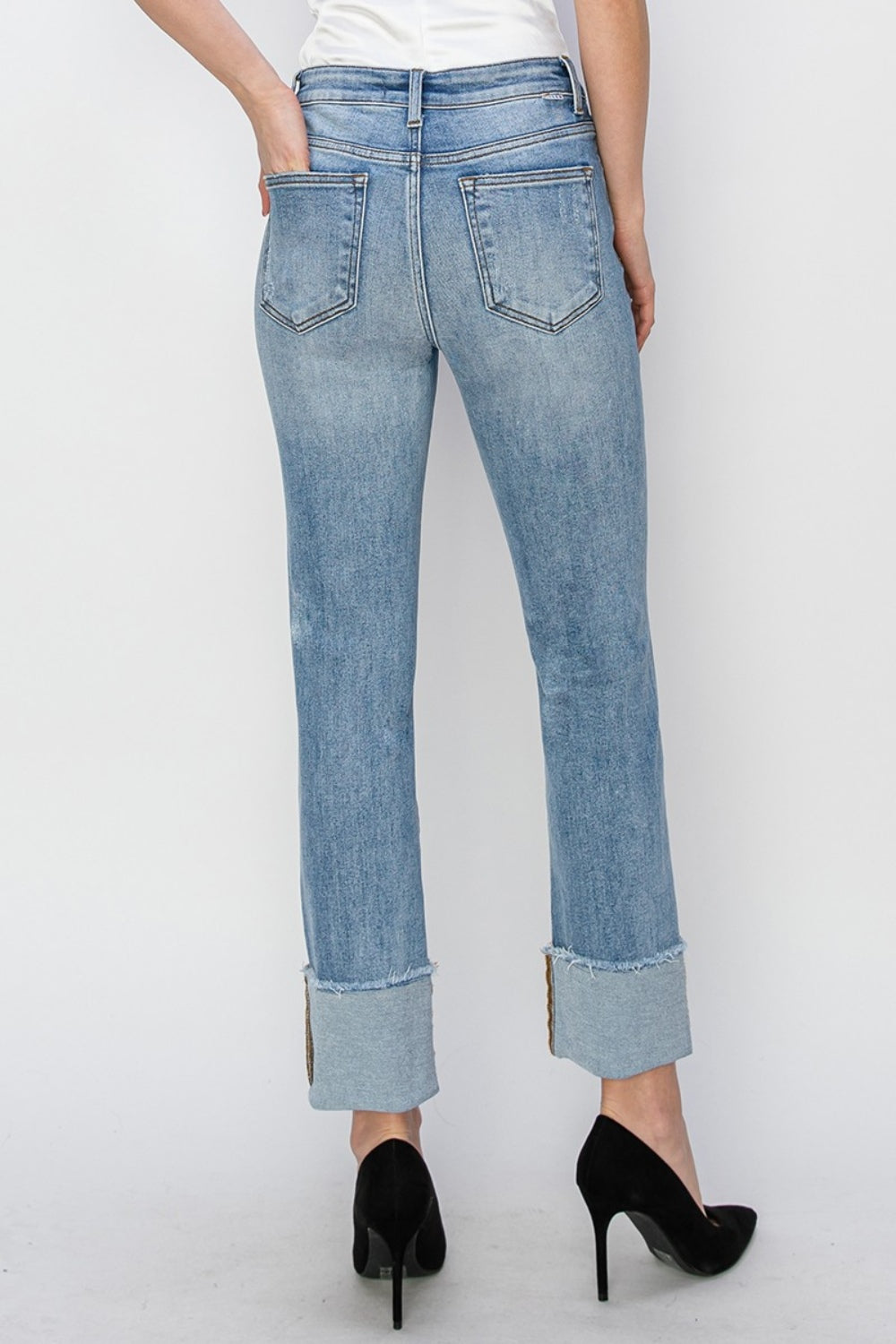 RISEN - High Waist Slim Straight Leg Cuffed Jeans - Inspired Eye Boutique