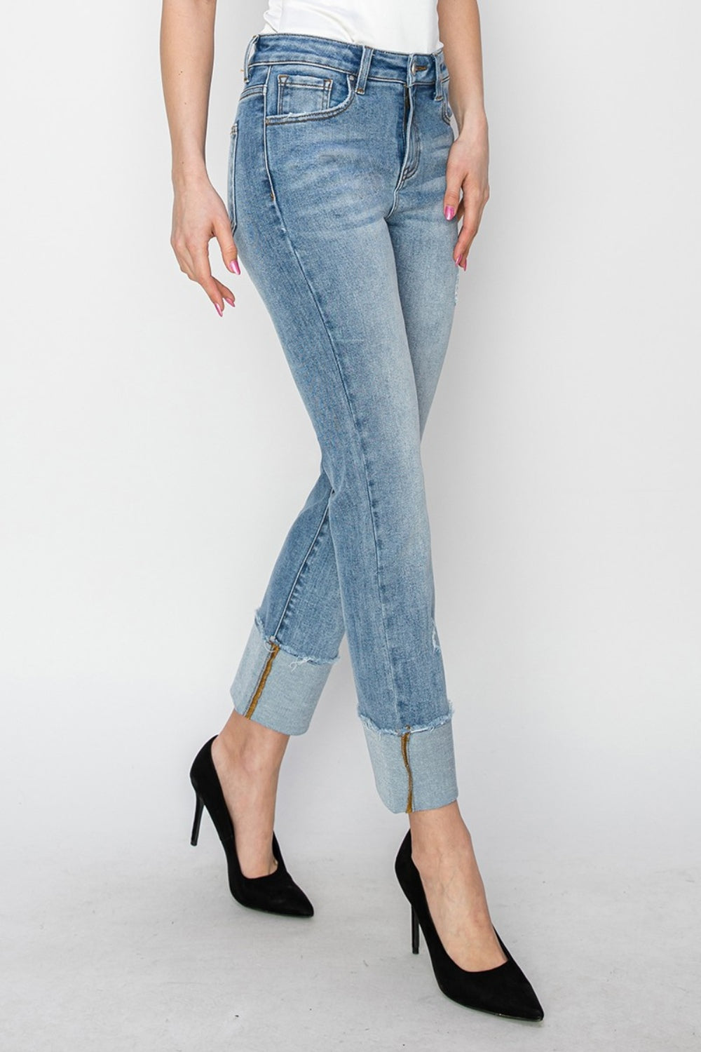 RISEN - High Waist Slim Straight Leg Cuffed Jeans - Inspired Eye Boutique