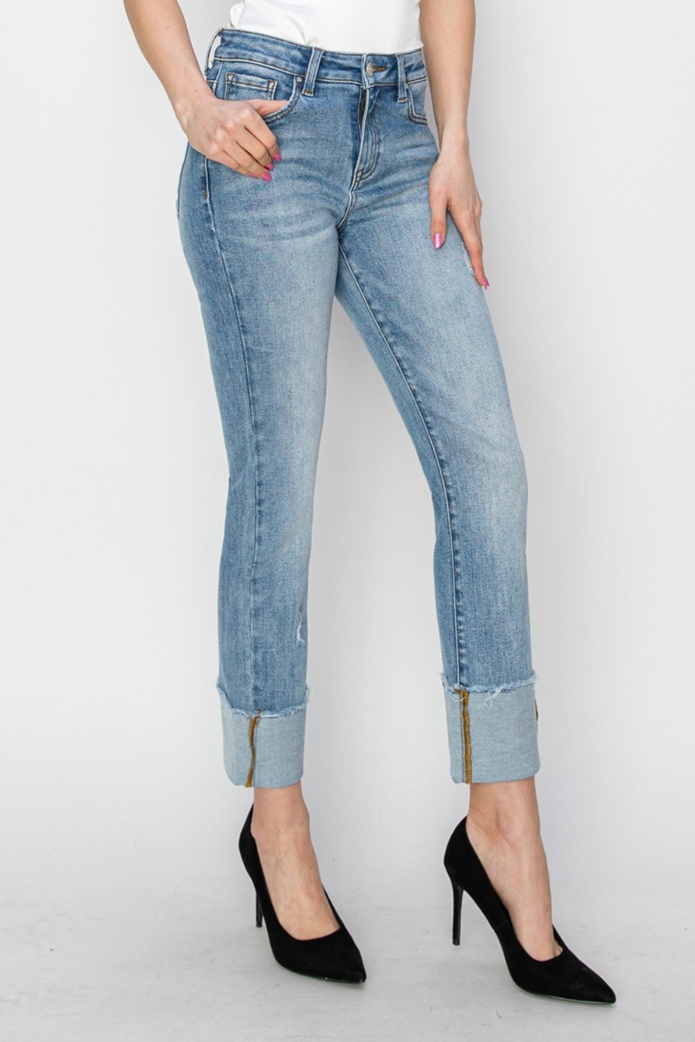 RISEN - High Waist Slim Straight Leg Cuffed Jeans - Inspired Eye Boutique