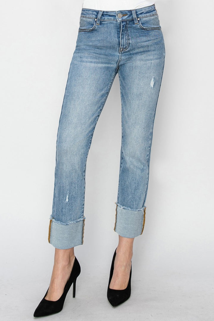 RISEN - High Waist Slim Straight Leg Cuffed Jeans - Inspired Eye Boutique