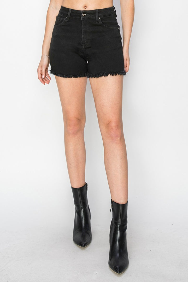 RISEN - High Waist Solid Black Denim Shorts - Inspired Eye Boutique