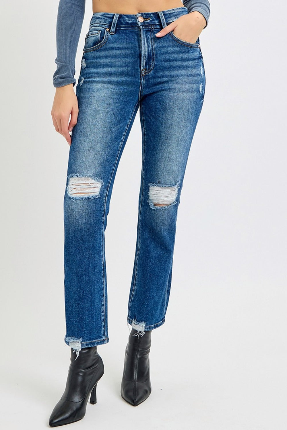 RISEN - High Waist Straight Leg Distressed Jeans - Inspired Eye Boutique