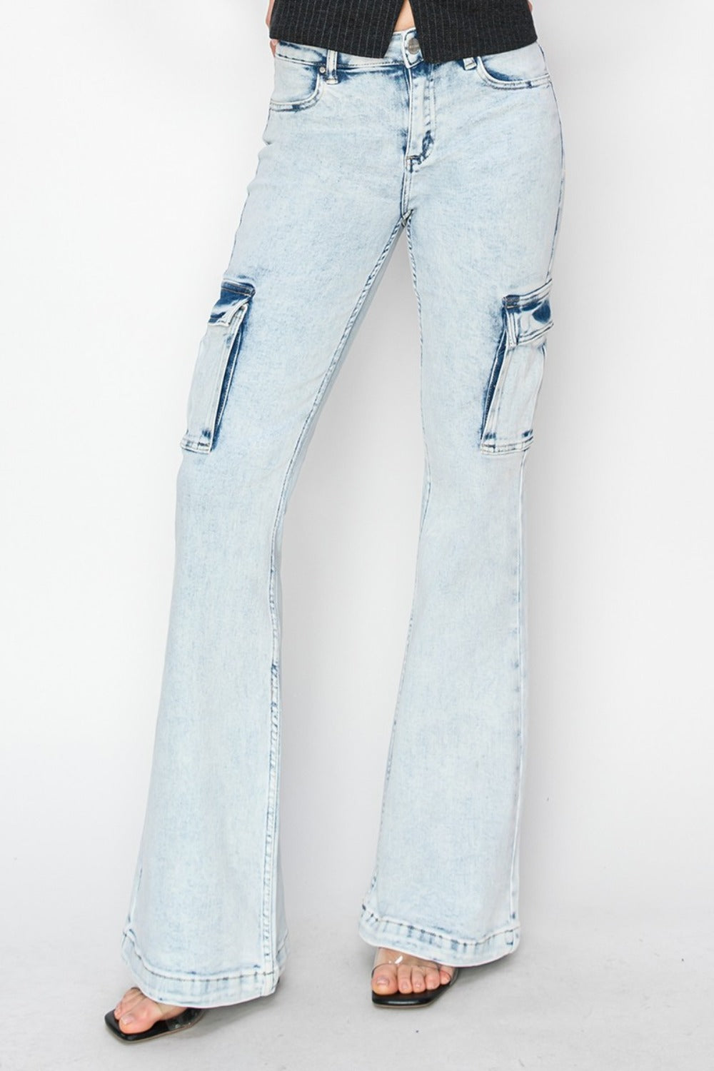 RISEN - Light Acid Wash Cargo Flare Jeans - Inspired Eye Boutique