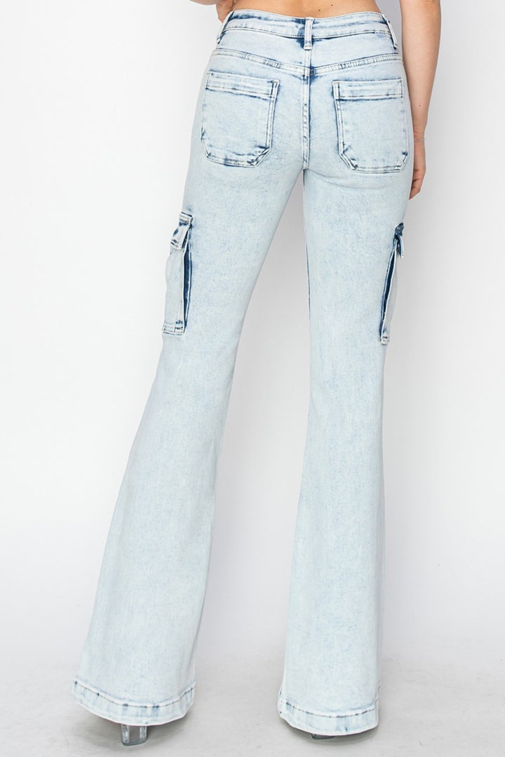 RISEN - Light Acid Wash Cargo Flare Jeans - Inspired Eye Boutique