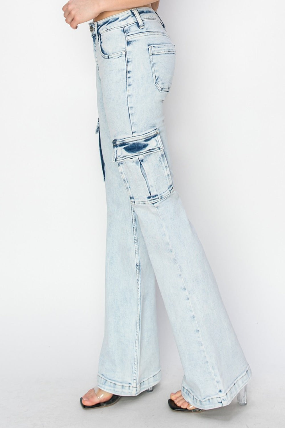 RISEN - Light Acid Wash Cargo Flare Jeans - Inspired Eye Boutique