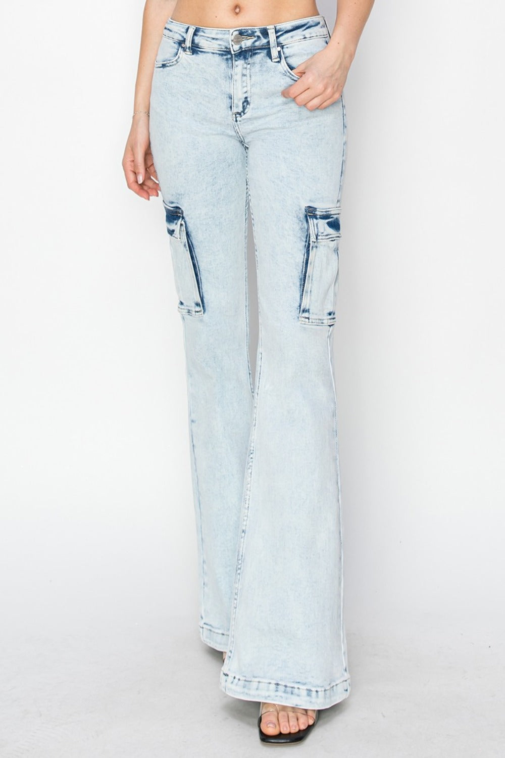 RISEN - Light Acid Wash Cargo Flare Jeans - Inspired Eye Boutique