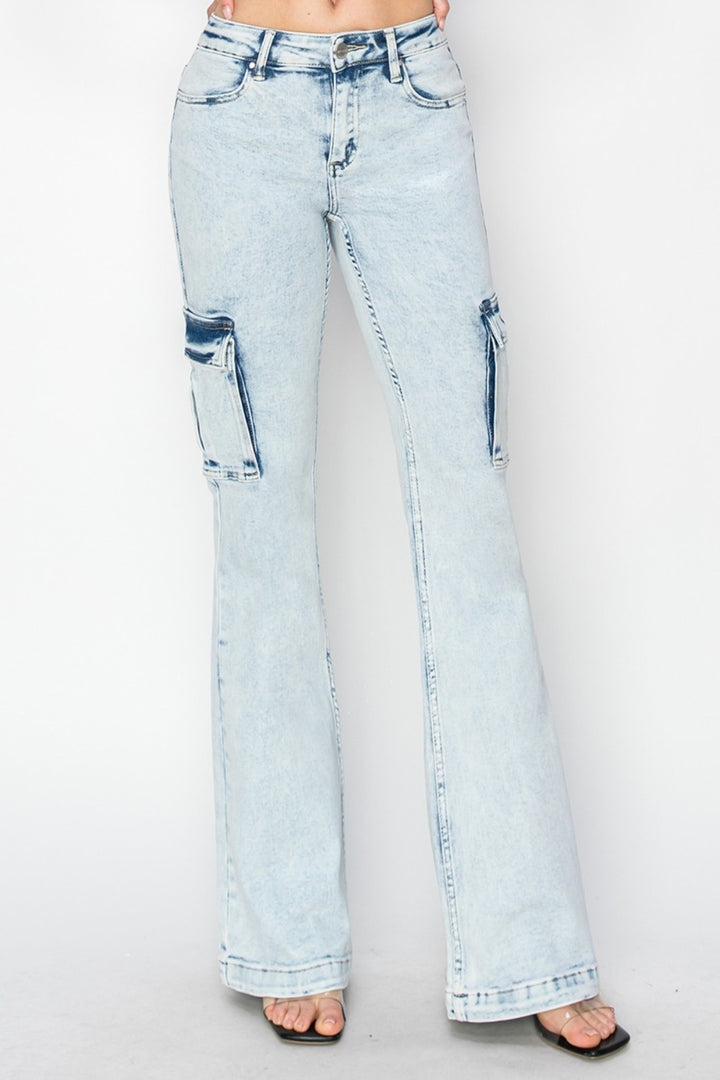 RISEN - Light Acid Wash Cargo Flare Jeans - Inspired Eye Boutique