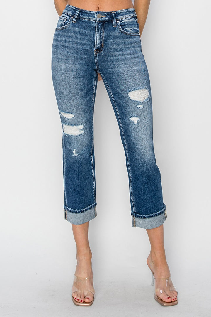 RISEN - Mid-Rise Cuffed Straight Leg Distressed Jeans - Inspired Eye Boutique