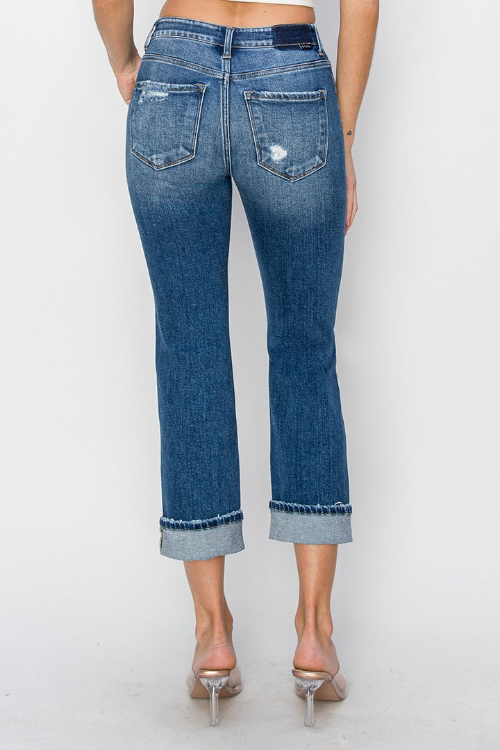 RISEN - Mid-Rise Cuffed Straight Leg Distressed Jeans - Inspired Eye Boutique