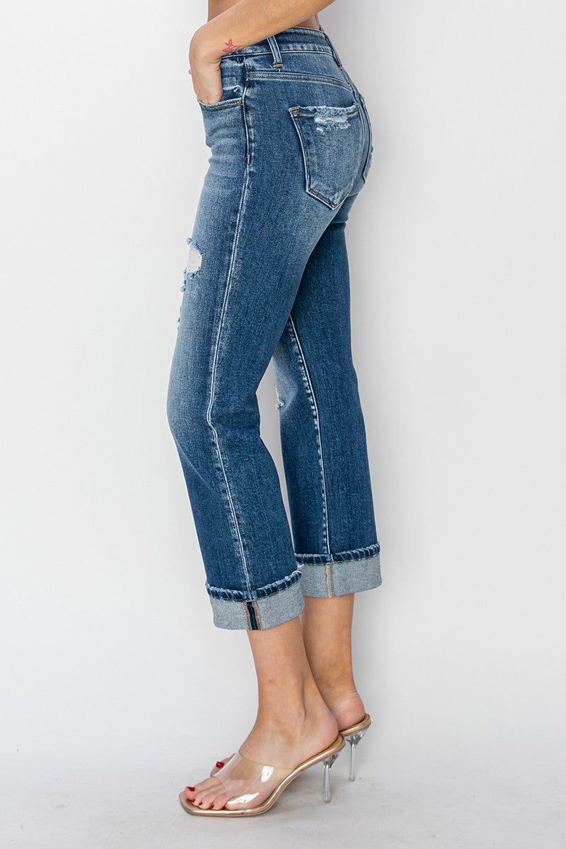 RISEN - Mid-Rise Cuffed Straight Leg Distressed Jeans - Inspired Eye Boutique