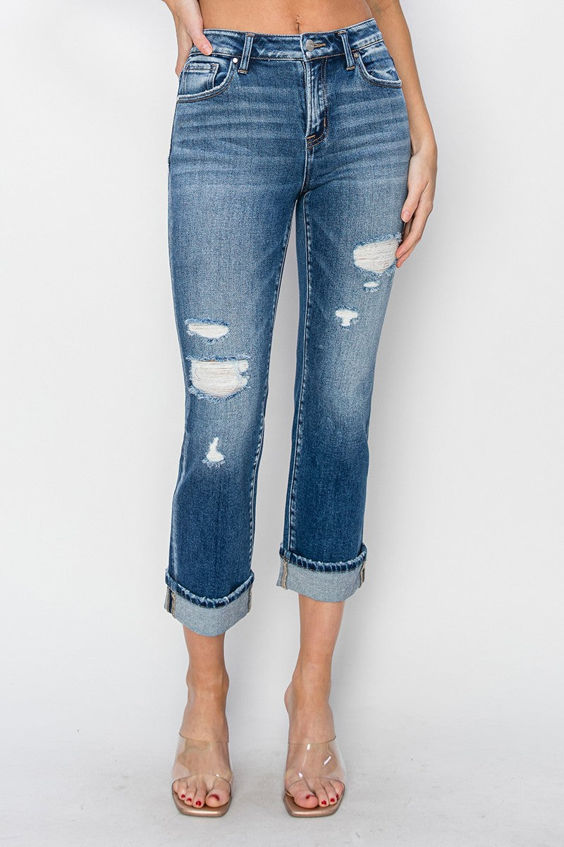 RISEN - Mid-Rise Cuffed Straight Leg Distressed Jeans - Inspired Eye Boutique