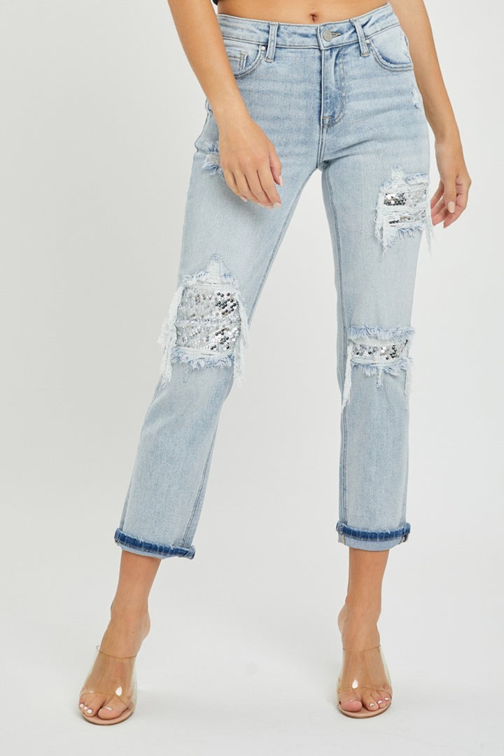 RISEN Mid-Rise Sequin Patched Jeans - Inspired Eye Boutique