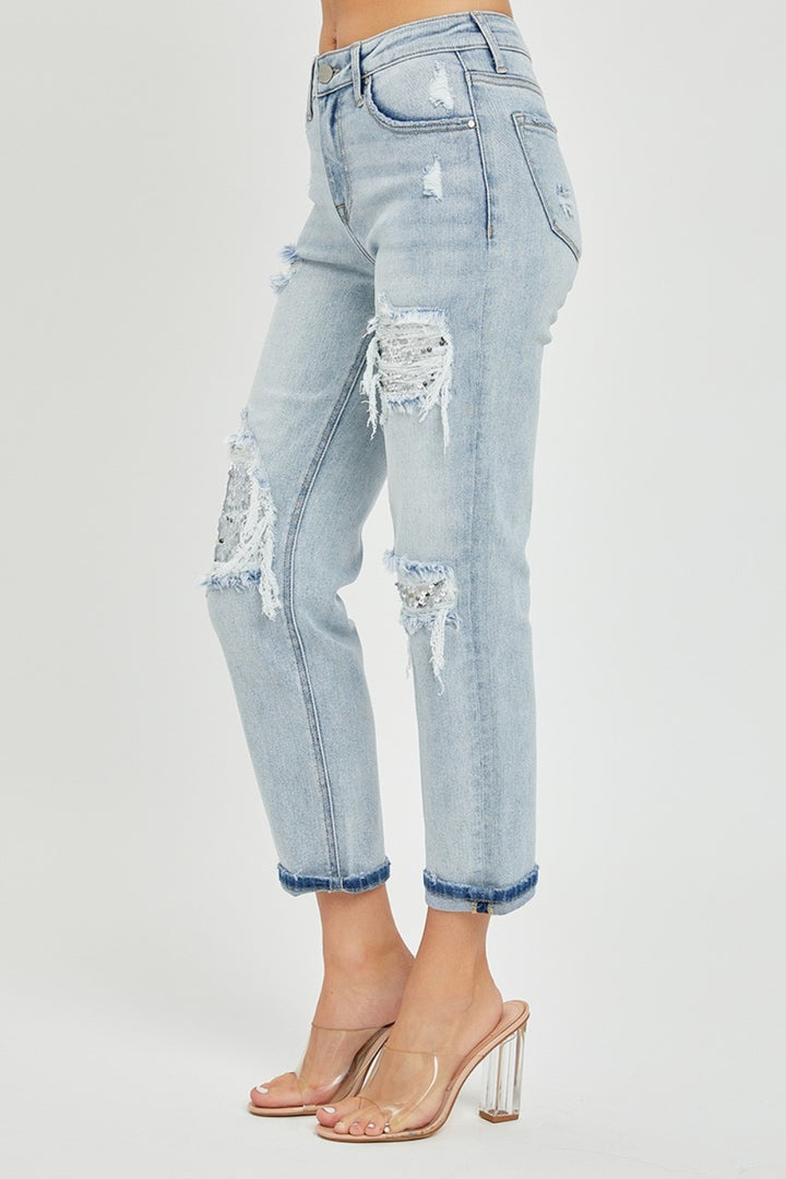 RISEN Mid-Rise Sequin Patched Jeans - Inspired Eye Boutique