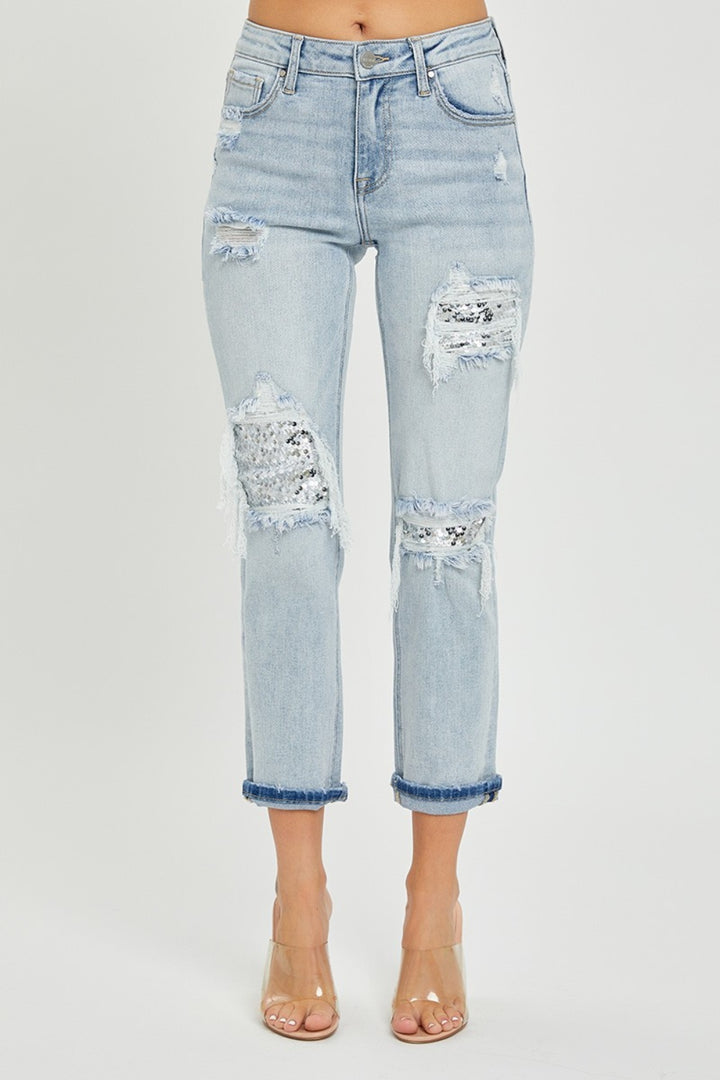 RISEN Mid-Rise Sequin Patched Jeans - Inspired Eye Boutique