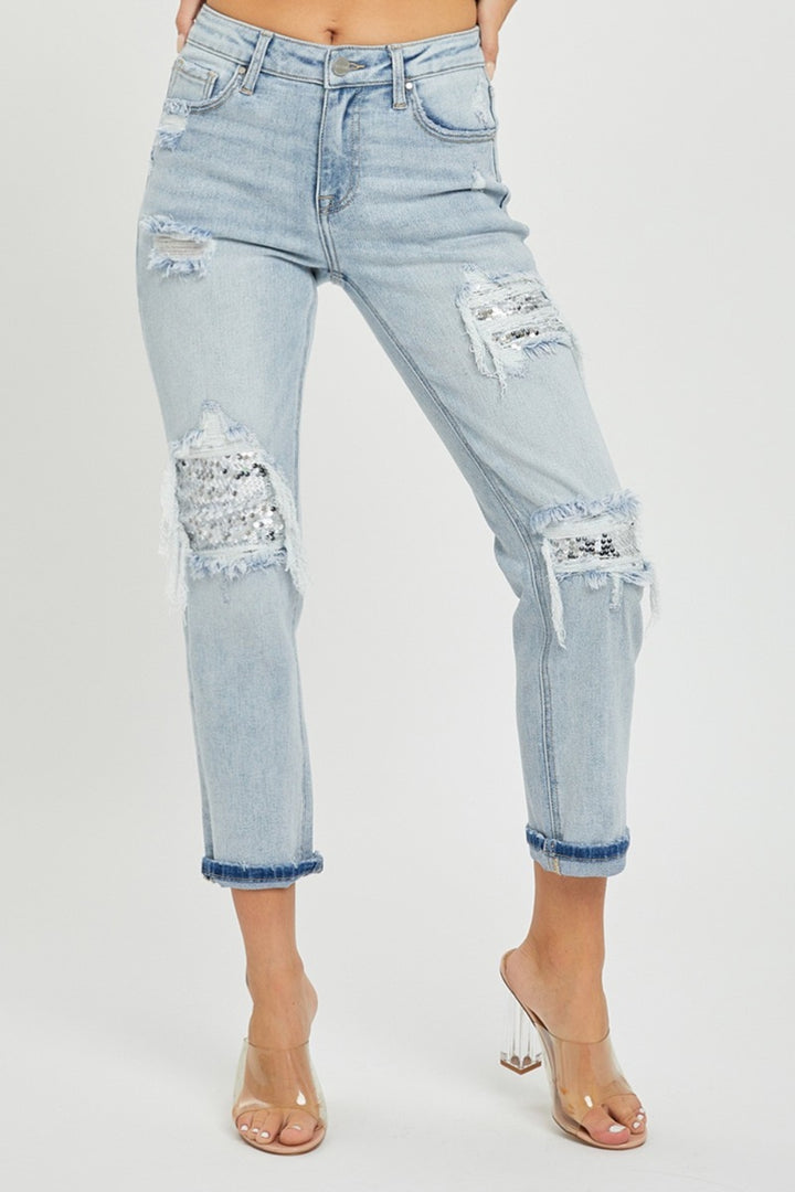 RISEN Mid-Rise Sequin Patched Jeans - Inspired Eye Boutique