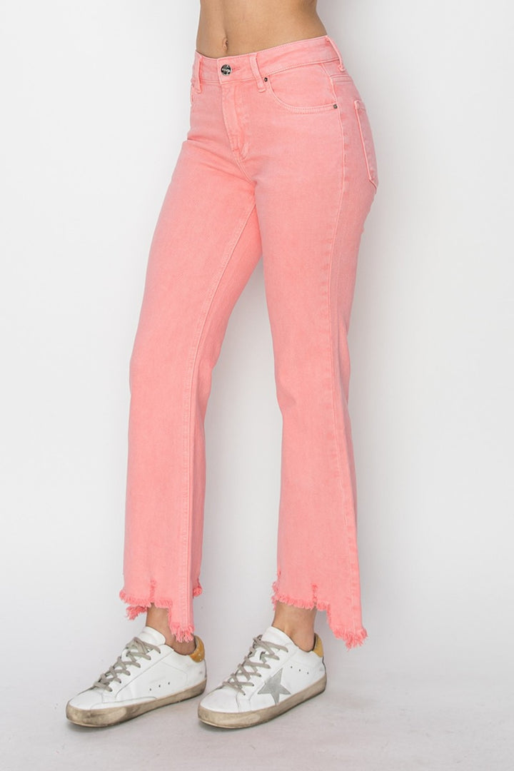 RISEN - Mid Rise Straight Leg Step Hem Jeans - Flamingo Pink - Inspired Eye Boutique