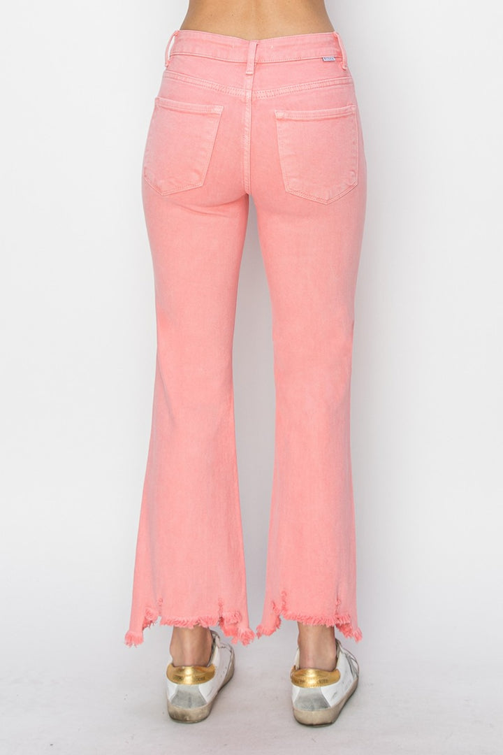 RISEN - Mid Rise Straight Leg Step Hem Jeans - Flamingo Pink - Inspired Eye Boutique