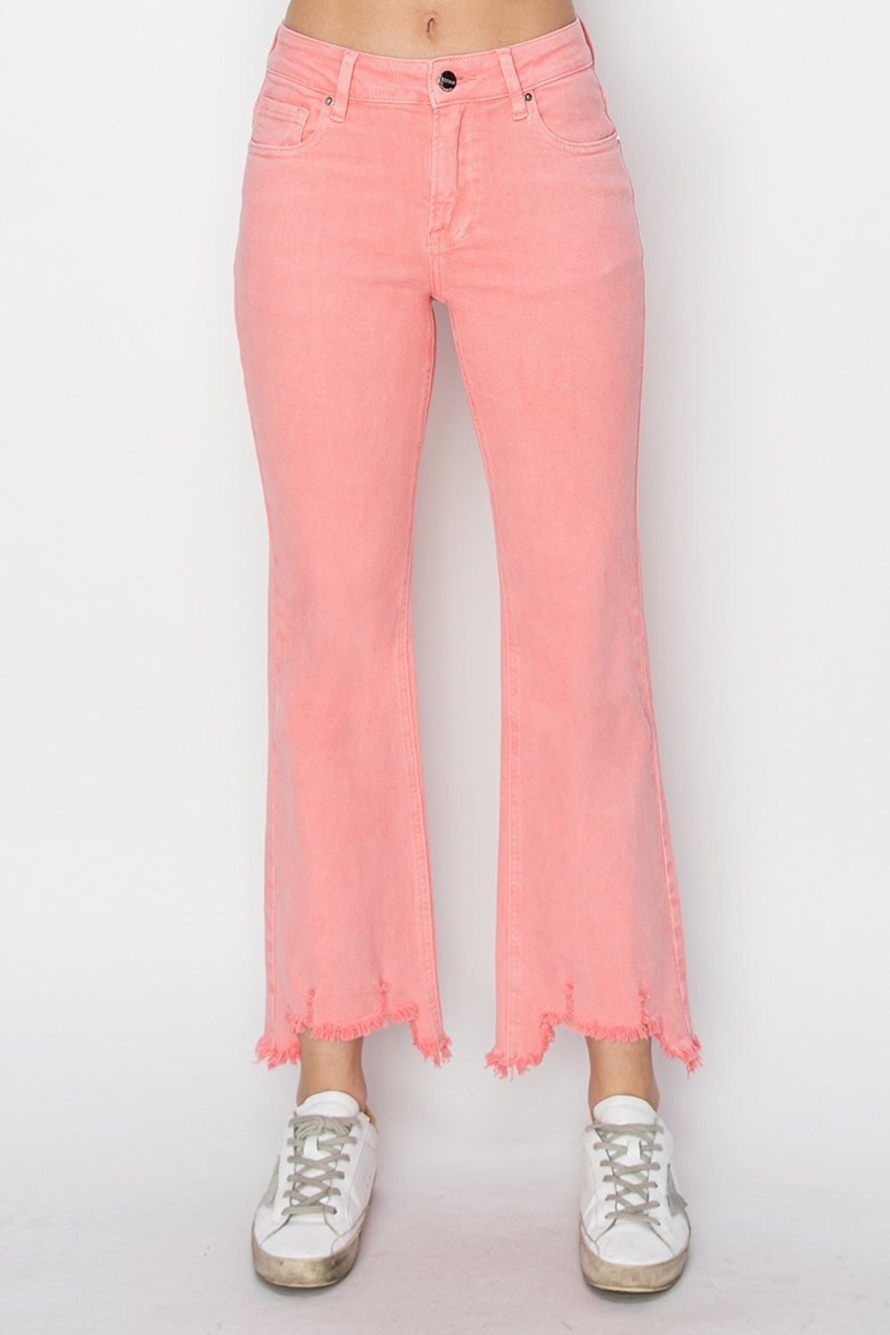 RISEN - Mid Rise Straight Leg Step Hem Jeans - Flamingo Pink - Inspired Eye Boutique