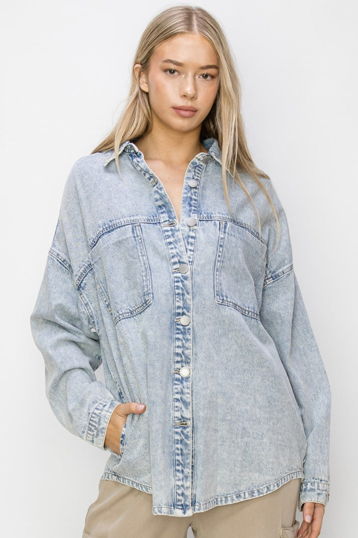 RISEN Oversized Acid Wash Denim Shacket - Inspired Eye Boutique