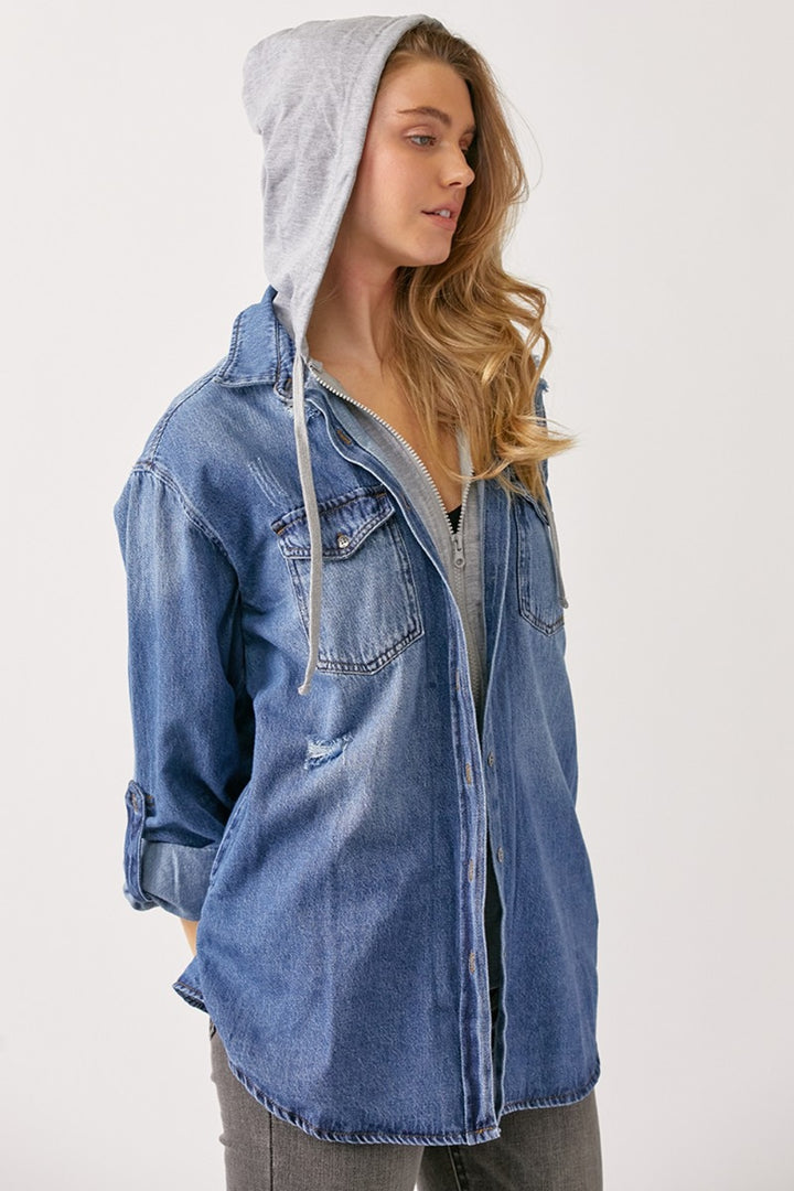 RISEN Oversized Denim Shirt with Hoodie - Inspired Eye Boutique