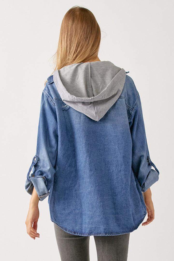 RISEN Oversized Denim Shirt with Hoodie - Inspired Eye Boutique