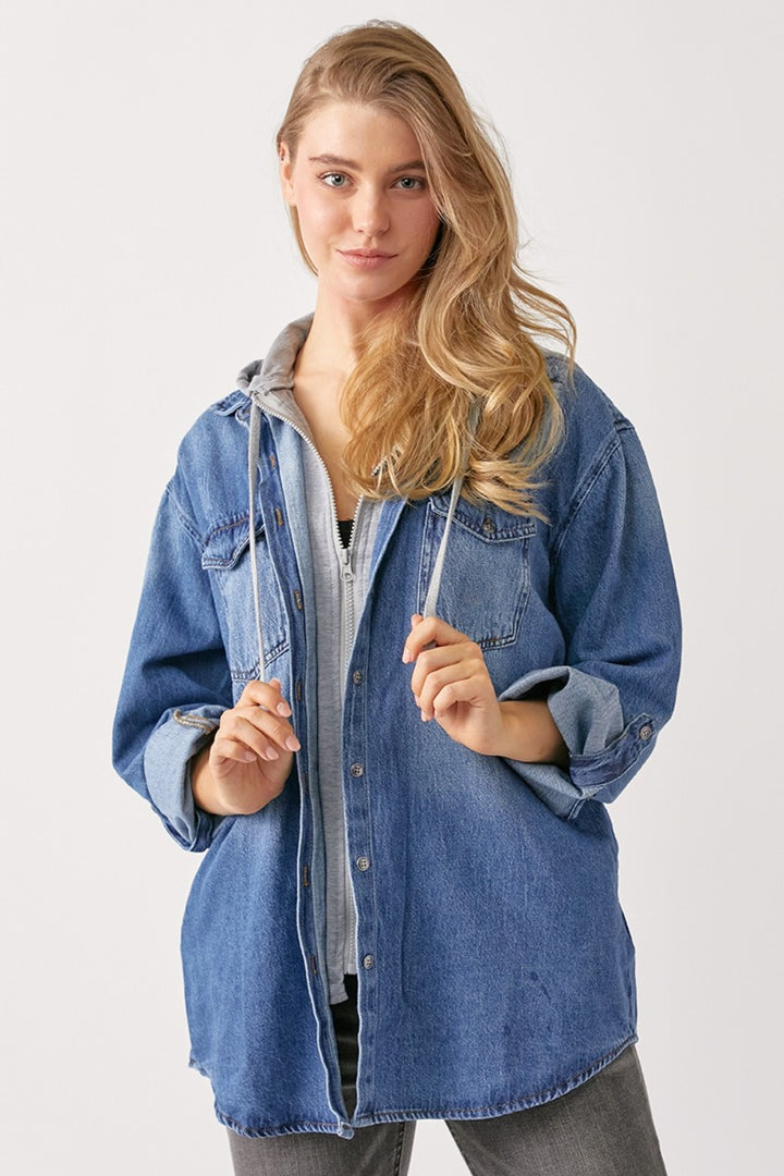 RISEN Oversized Denim Shirt with Hoodie - Inspired Eye Boutique