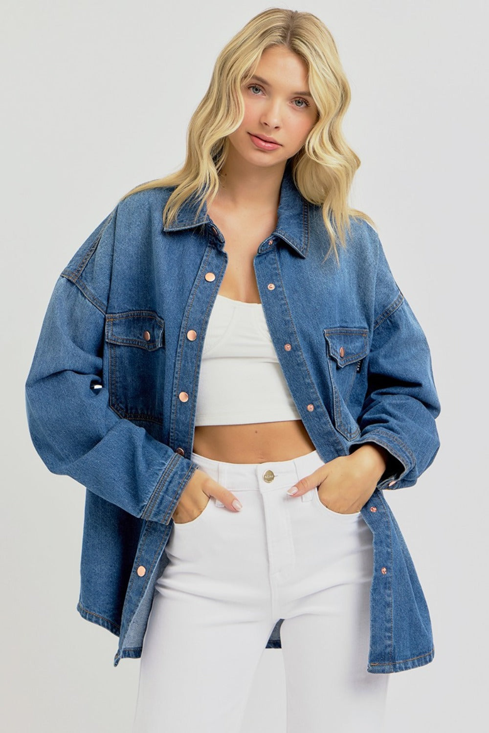 RISEN - Oversized Snap Front Denim Shacket - Inspired Eye Boutique