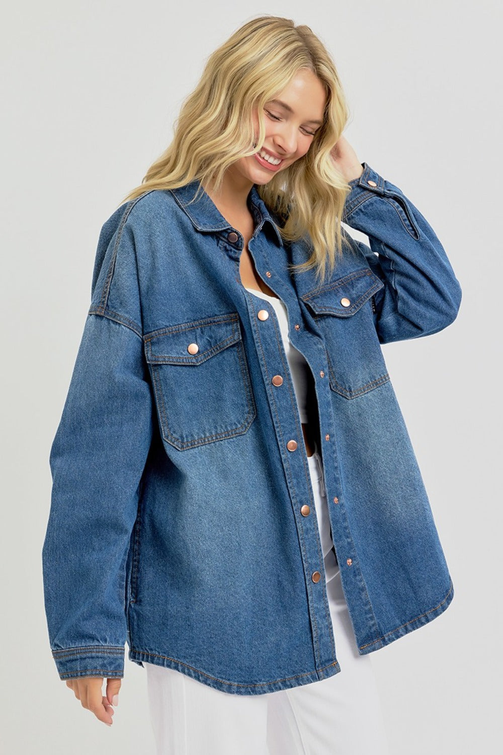 RISEN - Oversized Snap Front Denim Shacket - Inspired Eye Boutique