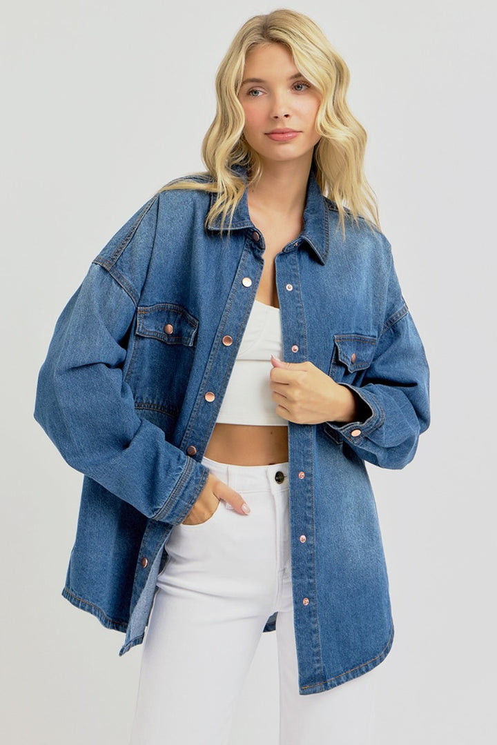 RISEN - Oversized Snap Front Denim Shacket - Inspired Eye Boutique