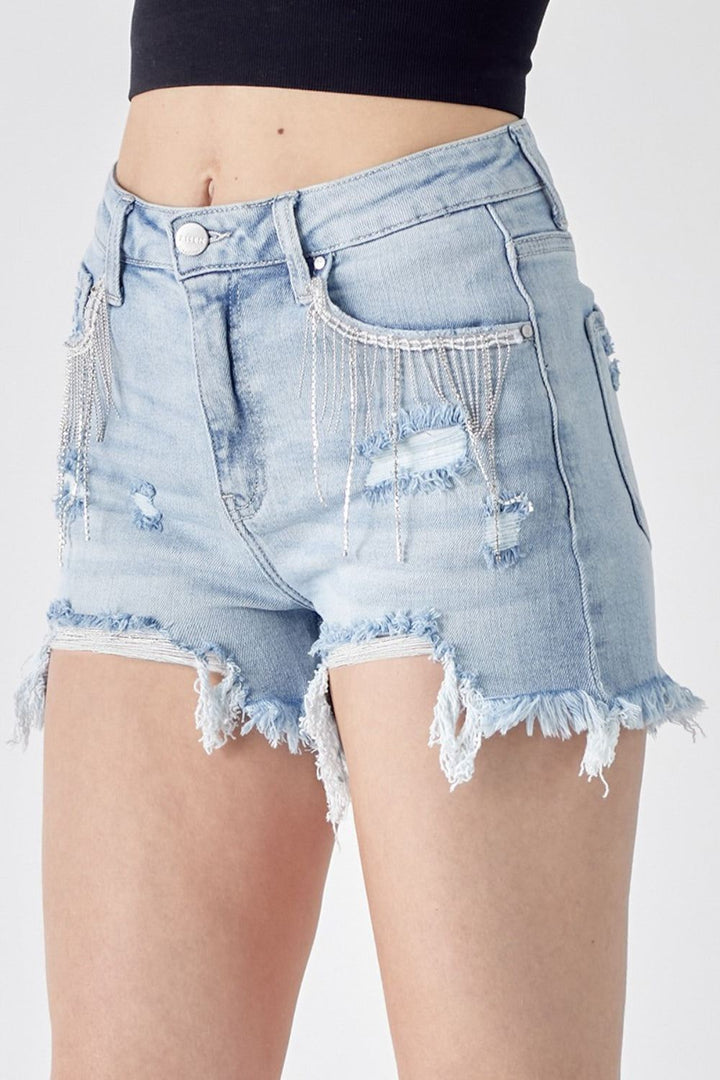 RISEN Shorts - High Rise - Rhinestone Details - Denim Shorts - Inspired Eye Boutique