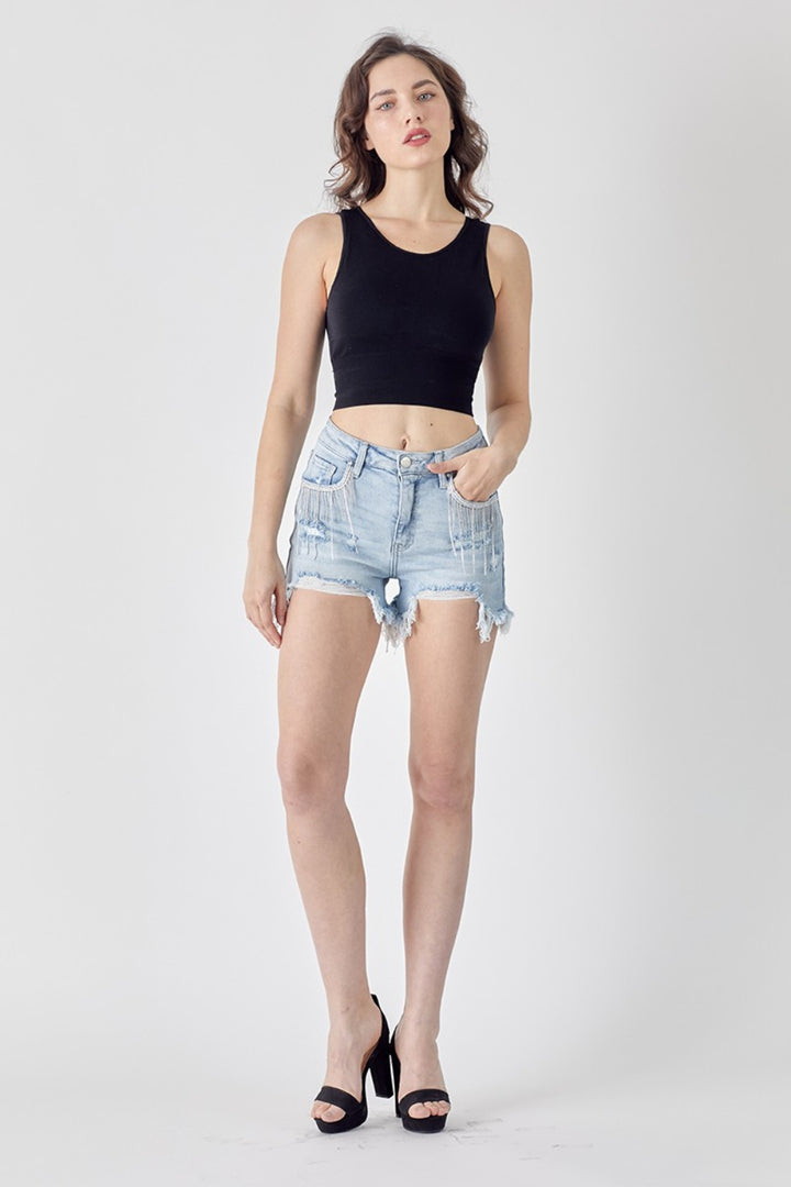 RISEN Shorts - High Rise - Rhinestone Details - Denim Shorts - Inspired Eye Boutique