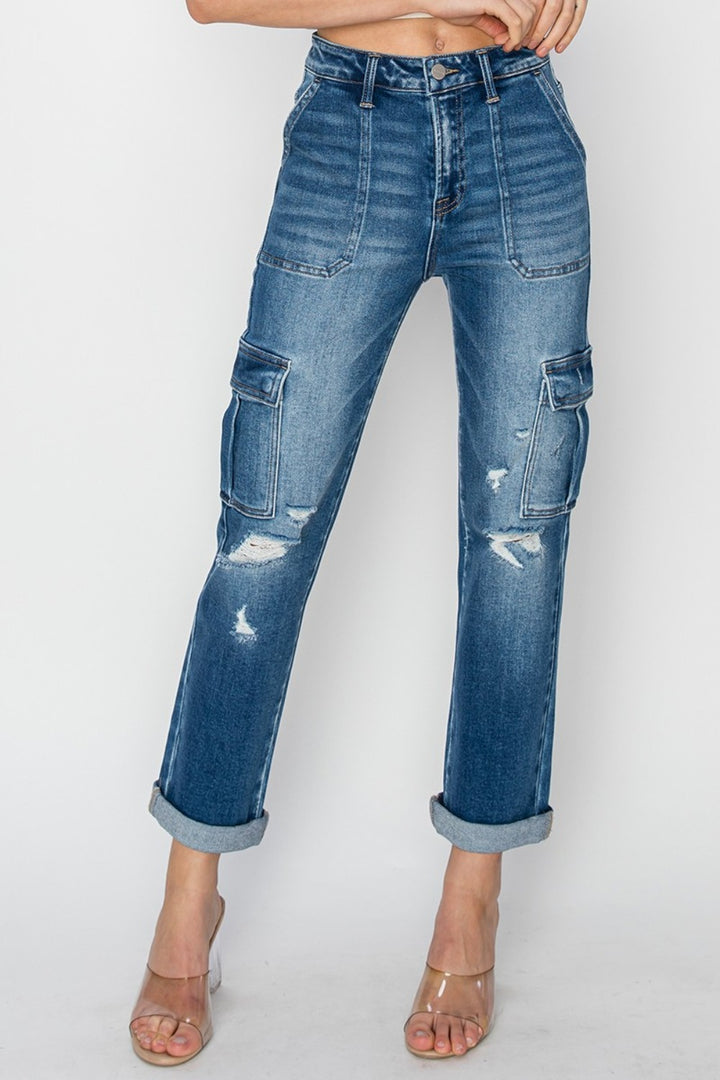 RISEN - Straight Leg Rolled Hem Cargo Pocket Jeans - Inspired Eye Boutique