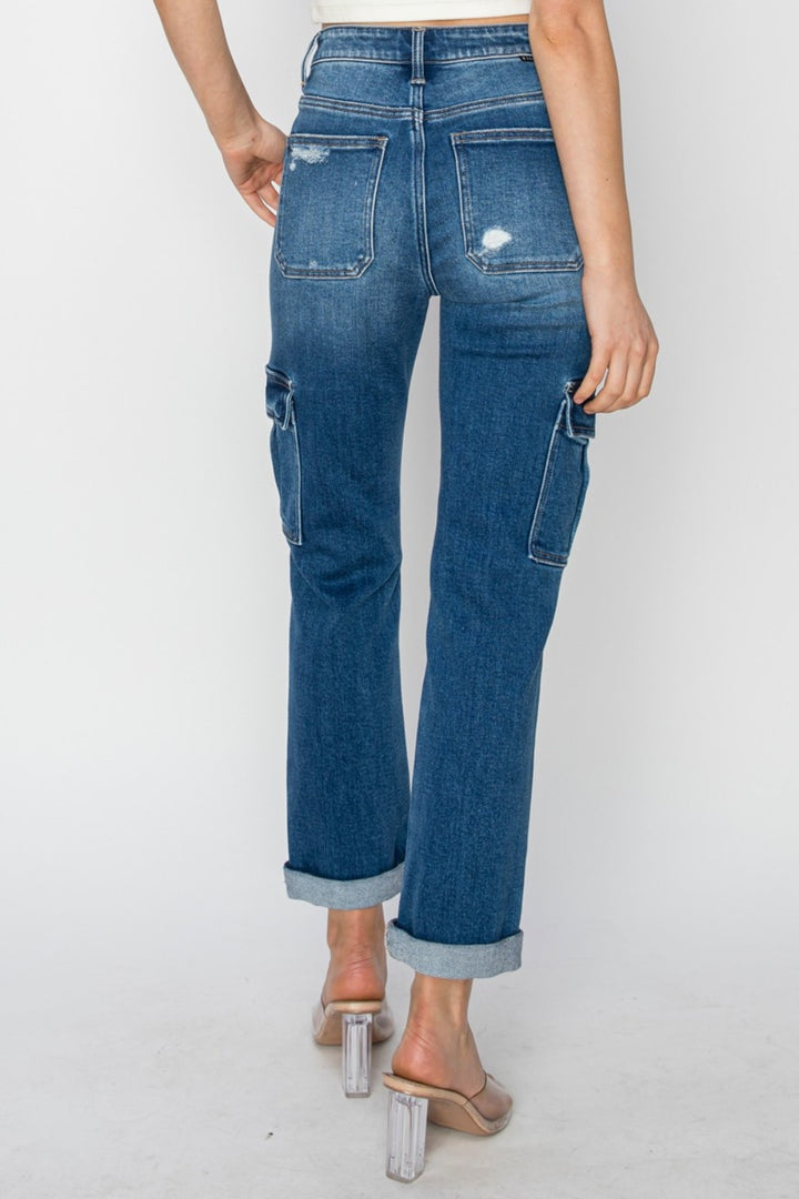 RISEN - Straight Leg Rolled Hem Cargo Pocket Jeans - Inspired Eye Boutique