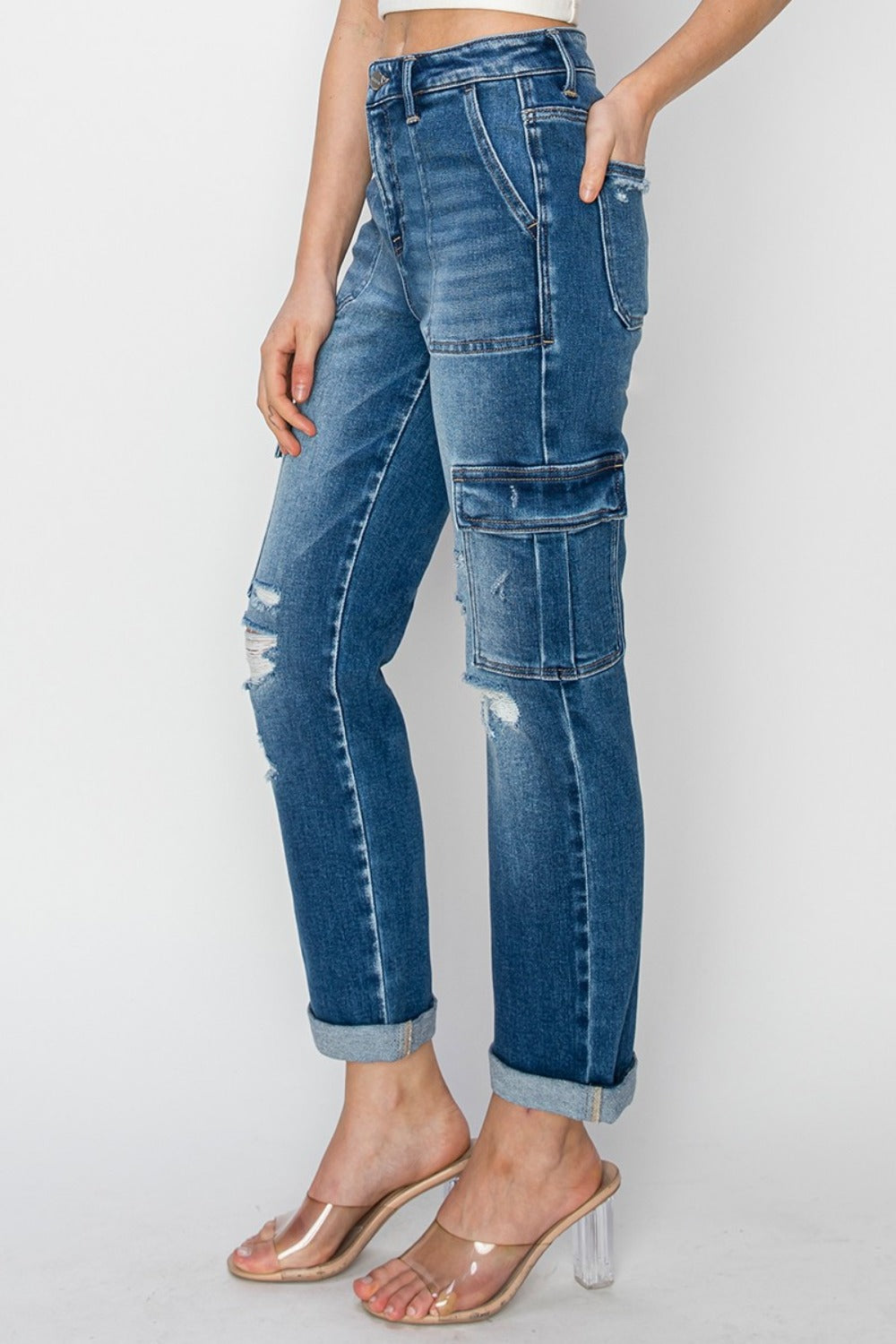 RISEN - Straight Leg Rolled Hem Cargo Pocket Jeans - Inspired Eye Boutique