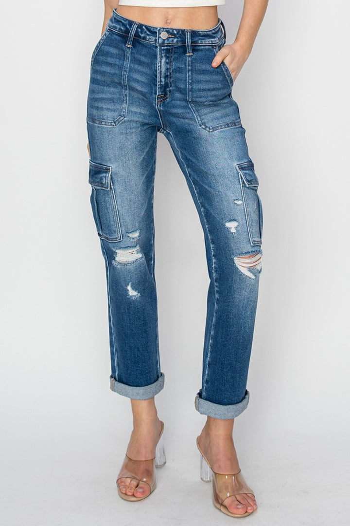 RISEN - Straight Leg Rolled Hem Cargo Pocket Jeans - Inspired Eye Boutique