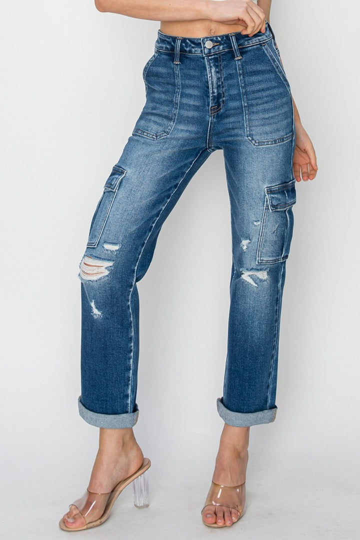 RISEN - Straight Leg Rolled Hem Cargo Pocket Jeans - Inspired Eye Boutique