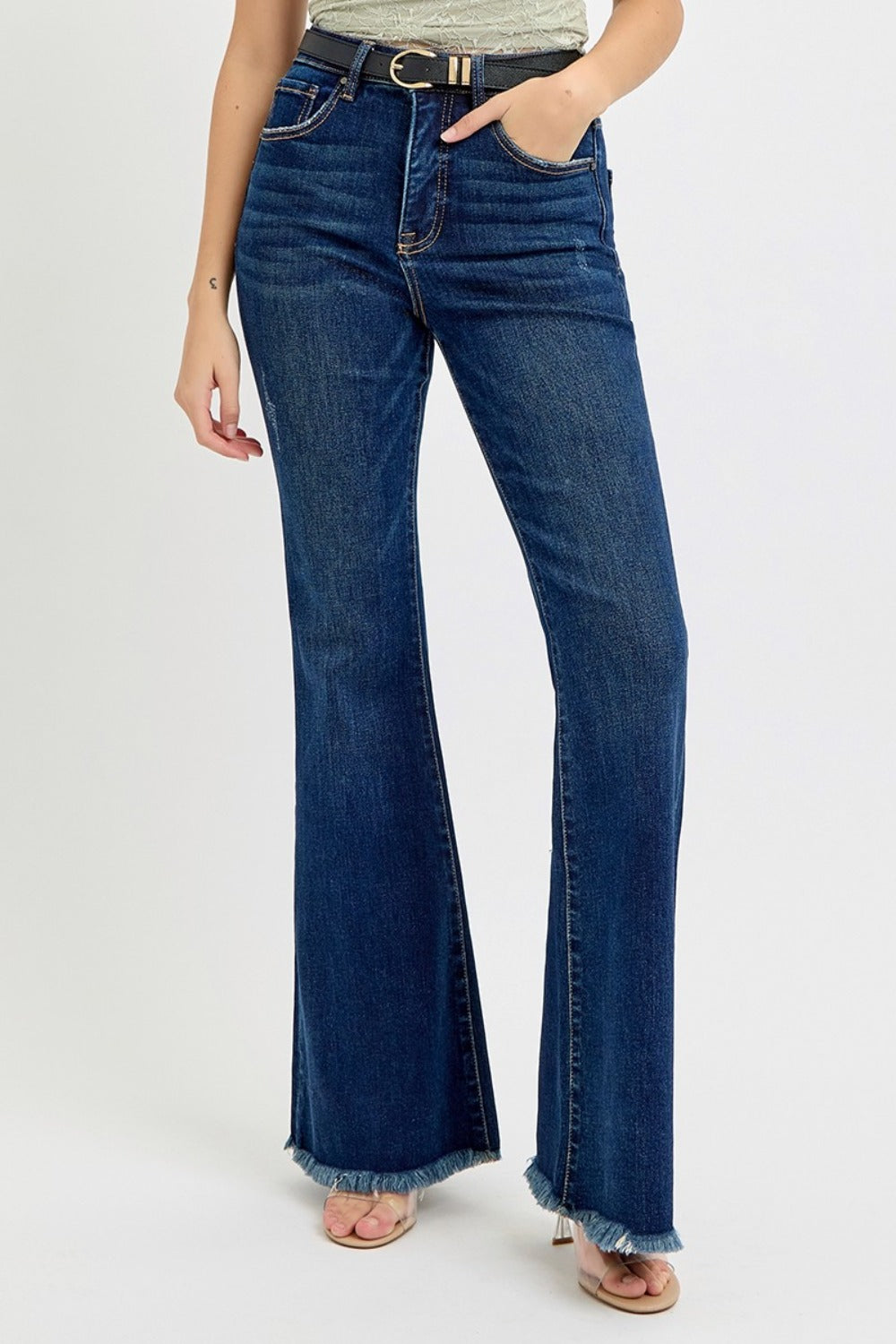 RISEN - Tummy Control Frayed Hem Flare Jeans - Inspired Eye Boutique