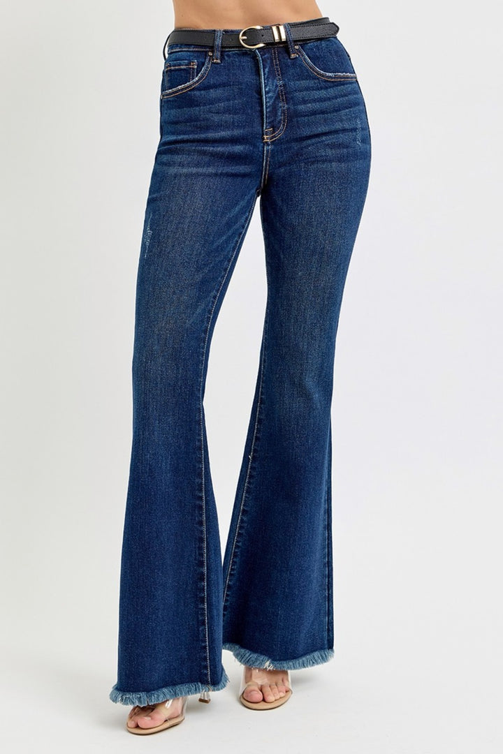 RISEN - Tummy Control Frayed Hem Flare Jeans - Inspired Eye Boutique