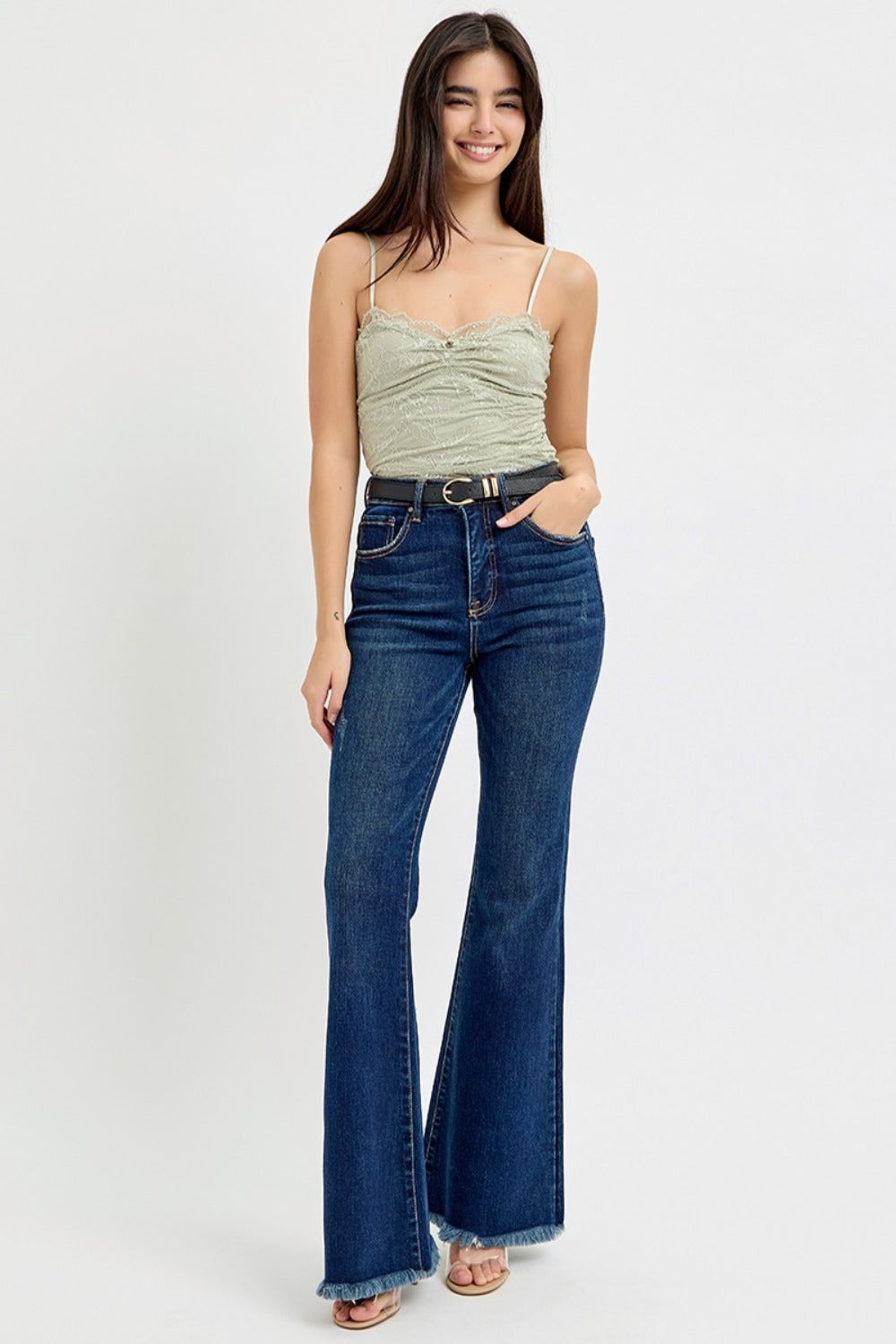 RISEN - Tummy Control Frayed Hem Flare Jeans - Inspired Eye Boutique