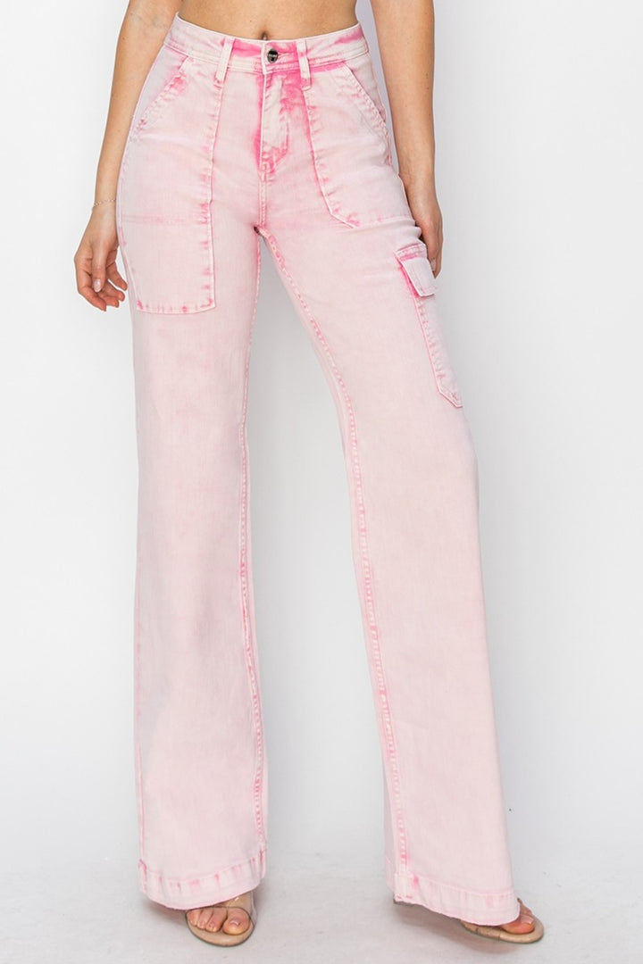 RISEN - Wide Leg Pink Acid Wash Cargo Jeans - Inspired Eye Boutique