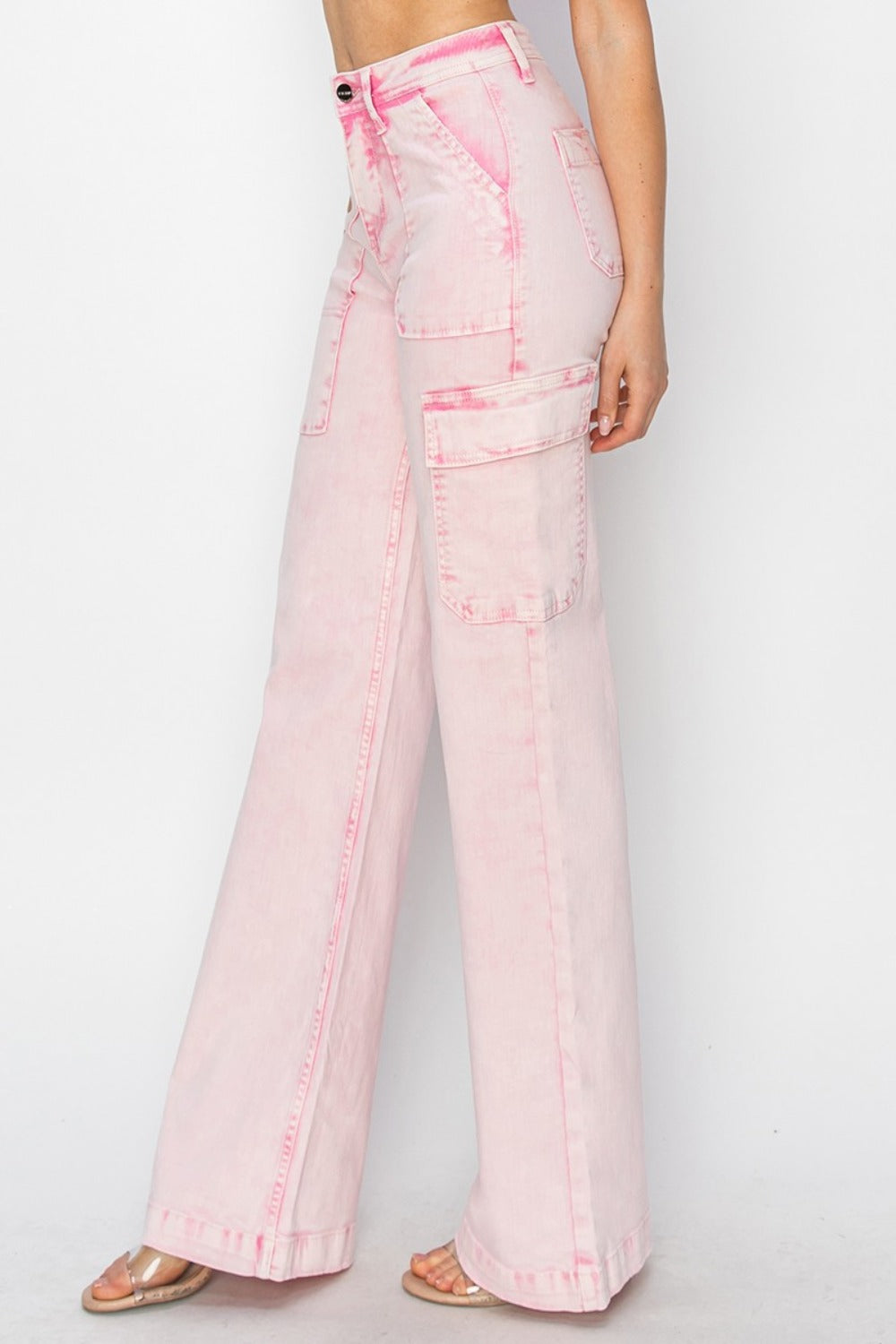 RISEN - Wide Leg Pink Acid Wash Cargo Jeans - Inspired Eye Boutique