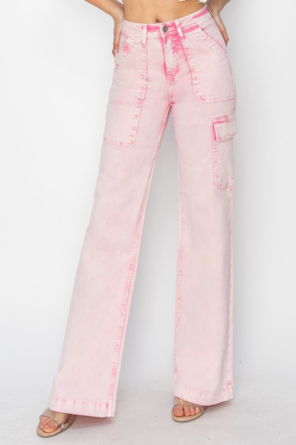 RISEN - Wide Leg Pink Acid Wash Cargo Jeans - Inspired Eye Boutique