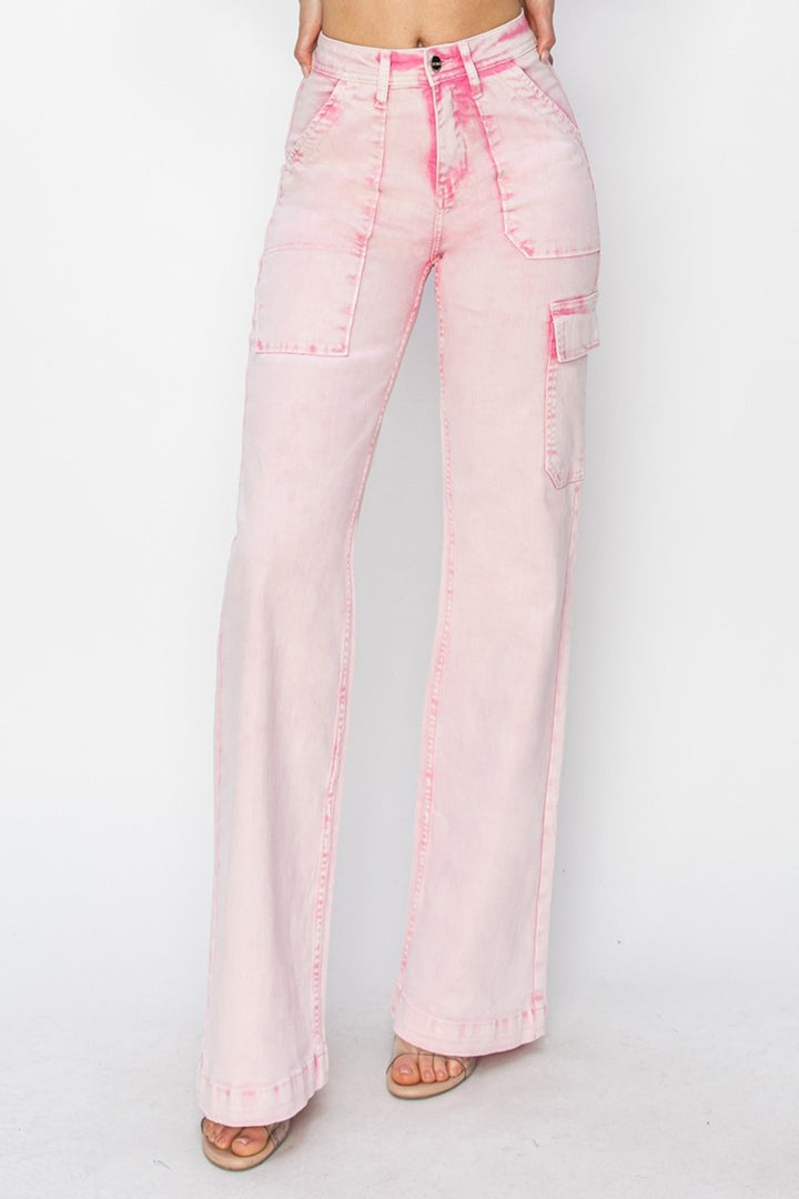 RISEN - Wide Leg Pink Acid Wash Cargo Jeans - Inspired Eye Boutique